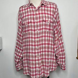 Brooks Brothers 100% Linen Red Plaid Button Down Shirt Roll Tab Sleeve Size XL